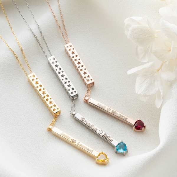 Personalized Slider Birthstone Necklace, Custom Secret Message Birthstone Necklace, Dainty Hidden Name Slider Bar Heart Birthstone Necklace