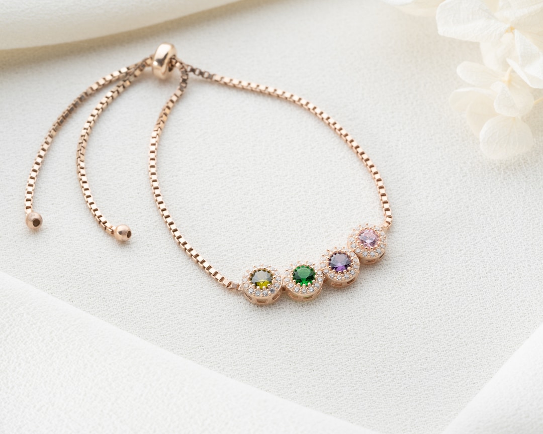 Custom Family Birthstone Bracelets, Round Birthstones Adjustable