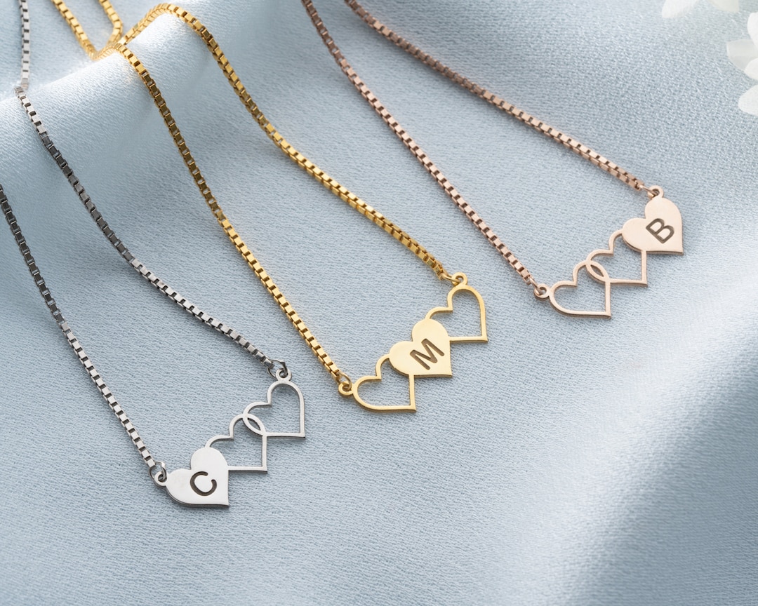 Personalized Dainty 3 Necklaces for Bestfriends, Gold Custom 3 Hearts(00)