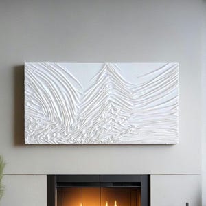 Dipinto su tela astratto originale in tessuto bianco testurizzato, grande arte murale in tessuto di gesso