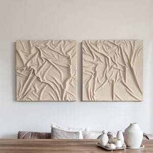 Beige Canvas Art Set of 2, Plaster fabric art set, Mid Century Abstract White Neutral Decor Set of 2 | Beige Plaster Wall Art