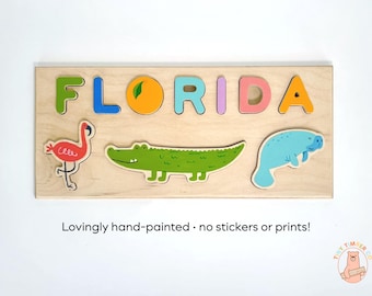 Personalized Florida Animal Puzzle: Hand-Painted Wooden Montessori Toy