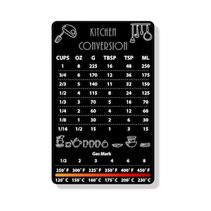 May include: Black and white kitchen conversion chart with measurements in cups, ounces, grams, tablespoons, teaspoons, and millilitres. The chart also includes a gas mark conversion chart with Fahrenheit and Celsius temperatures.
