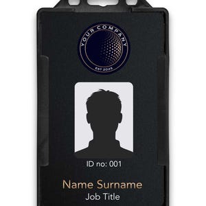 Tarjeta de identificación con foto vertical profesional personalizada, negra, con cordón y tarjetero. Logotipo de su empresa. Educación, Comercio, Medicina. CR-80