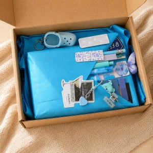 May include: A cardboard gift box lined with bright blue tissue paper containing a light blue miniature clog keychain, various pens, a butterfly sticker, a martini glass sticker with the text Pétillante, and a small blue heart charm.