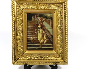 Antique Continental Small Framed Original Painting on Board / Lady with her Dog
