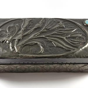 Antique Art Nouveau Pewter Covered Wood Box with Cabochons