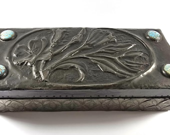 Antique Art Nouveau Pewter Covered Wood Box with Cabochons