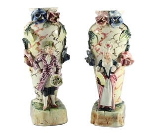 Antique Majolica / Rococo Pair of Vases with Figures