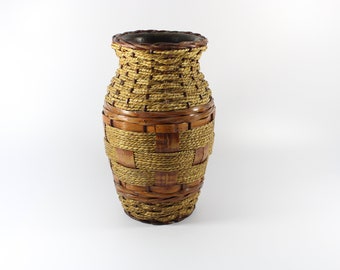 Vintage Wicker / Rattan Wrapped Handwoven Large Pottery Vase