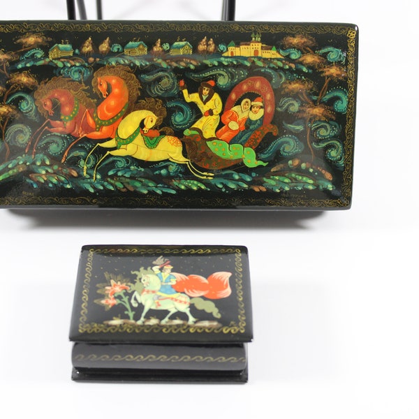 Vintage Genuine Russian Paper Mache Lacquer Hand Painted Boxes x 2 / Signed