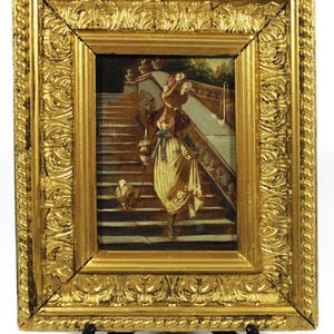 Antique Continental Small Framed Original Painting on Board / Lady with her Dog