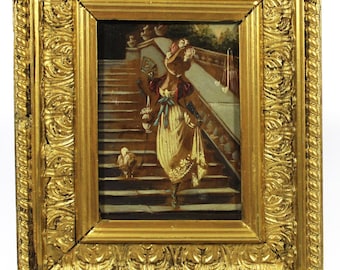Antique Continental Small Framed Original Painting on Board / Lady with her Dog