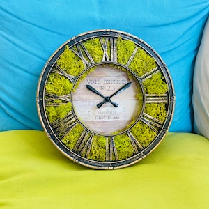 Small Round Moss Wall Clock, Whimsiccal Forest Core Above the Deck Decor, 8 inch, Battery Powered, Unique Biophilic Small Apartment Decor