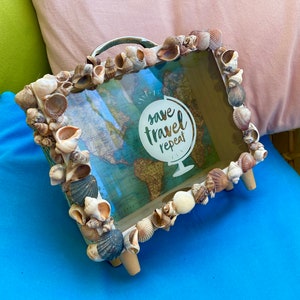 Reisbesparingsspaarpot, spaarvarken voor volwassenen, Globe Trotter-koffer en schelpdecor, bestemming bruiloft brievenbus, reiscadeaus