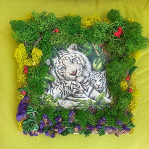 Тigers in the Jungle Frame Scandinavian Moss Forest Green Natural Branches Ladybugs Butterflies Oblivion Gift Art Design Wedding Birthday