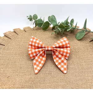 Bright Orange Gingham Spring Dog Bow Tie – Girly Sailor Bow Tie – Festive Dog Collar - Spring Outfit Ideas for Dogs and Cats