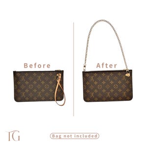 May include: Image shows a brown and tan clutch before and after the addition of a silver chain strap. The clutch has a repeating pattern and a gold zipper. The text "Before" and "After" are visible.