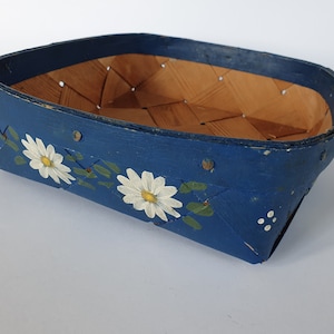 Birch basket, handmade, dark blue basket with handle, Swedish vintage