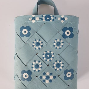 Handmade  birch basket, light blue basket with handle, Swedish vintage, hand painted