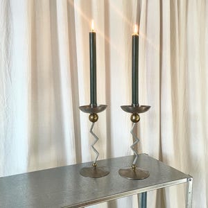 Zig Zag set of 2 candlesticks 1980s Postmodern Memphis Milano style Modernist vintage design candle holder zig zag metal