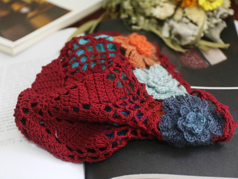 Women Maroon Crochet Skull Cap Handmade Knit Cutout Floral Etsy