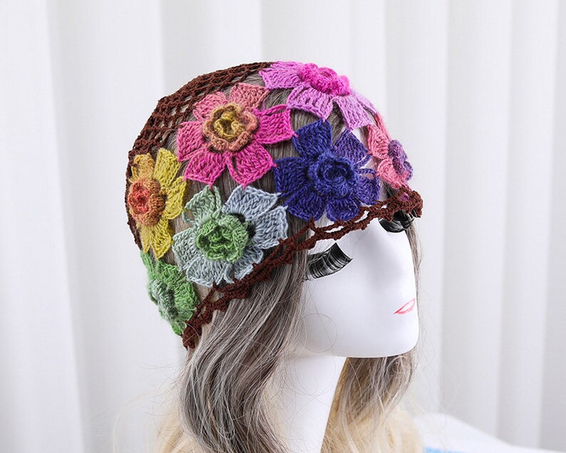 Women Brown Crochet Skull Cap Handmade Knit Cutout Floral Etsy