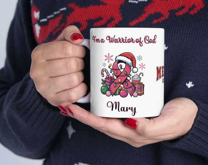 Warrior of God Ceramic Mug: Breast Cancer Santa Pink Ribbon Christmas Mug