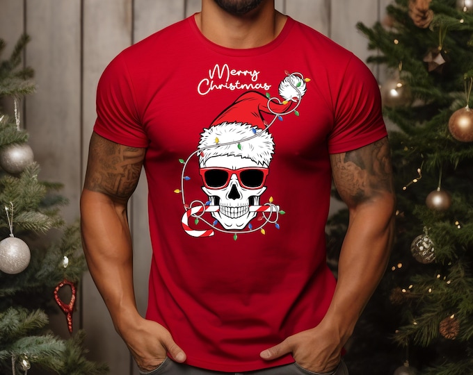 Funny Skull Christmas T-Shirt: Santa Hat, Lights, Unisex Tee