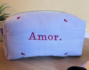 Lilac makeup bag - "Amor." embroidery & little hearts - handmade - zip