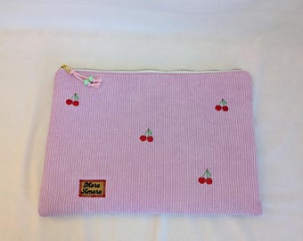 Embroidered Cherry Velvet iPad/Tablet Sleeve | Quilted Tablet Case with Pockets | Handmade iPad Case | Gift for Women