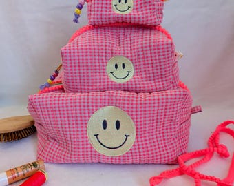 Quilted pencil case set - pink and neon gingham, 3 sizes