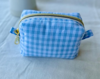 Mini blue gingham makeup bag - Handmade - Zip & lined - Makeup, pacifier, cables, earphones, medication