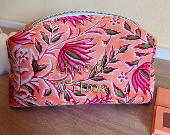 Boho makeup bag in orange Indian fabric - "Good Vibes" embroidery - Handmade