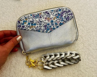 Silver Lambskin Leather and Liberty of London Companion Wallet, Evening Clutch with Detachable Wrist Strap, Handmade Gift for Women
