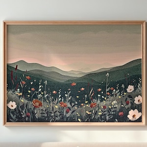 Horizontal Mountain Landscape Printable Art, Soft Color Wildflowers and Layers of Mountains Wall Art, DIGITAL DOWNLOAD