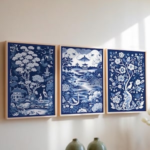 Willow Wall Art, Blue and White Prints, Asian Inspired, Blue Willow Pattern, Blue Chinoiserie Set