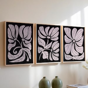 Set of 3 Beige and Black Abstract Floral Downloadable Art, Mid Century Modern Botanical, Moody Aesthetic Decor, Dark Boho Print