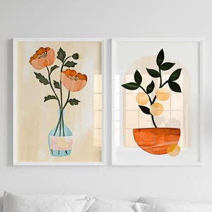Orange Floral Wall Decor, Flower Print, Botanical Wall Art, Vintage Art, Printable DIGITAL Print, Set of 2 Gallery Wall Art
