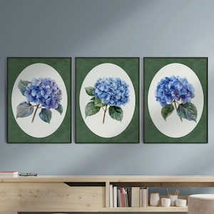 Blue Watercolor Hydrangea PRINTABLE Wall Art, Set Of 3 Colorful Botanical Wall Decor, Digital Download Floral Prints