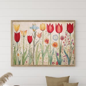 Modern Flowers Printable Art, Red Tulips Wall Art Print, Retro Tulip Field Horizontal Painting, Floral Illustration, Eclectic Digital Print