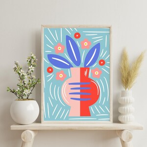 Impresión artística de flores bohemias vibrantes, póster de jarrón de flores, arte imprimible de ramo de flores, arte de pared botánico, impresión de mercado de flores