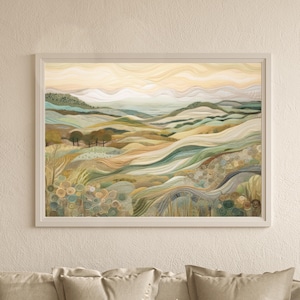 Impression paysage abstrait moderne beige et vert, art mural paysage texturé tissu de rêve, art mural imprimable terreux été
