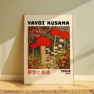 Yayoi Kusama Roter Pilz Abstrakte Japanische Wandkunst, Künstler inspirierte japanische Galerie Wandkunst, Wohnzimmer Wanddekoration