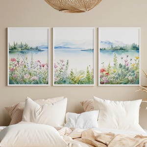 Impression de paysage de fleurs sauvages de montagne en 3 pièces, triptyque d&#39;art mural floral, décoration de salon aquarelle, téléchargement numérique instantané