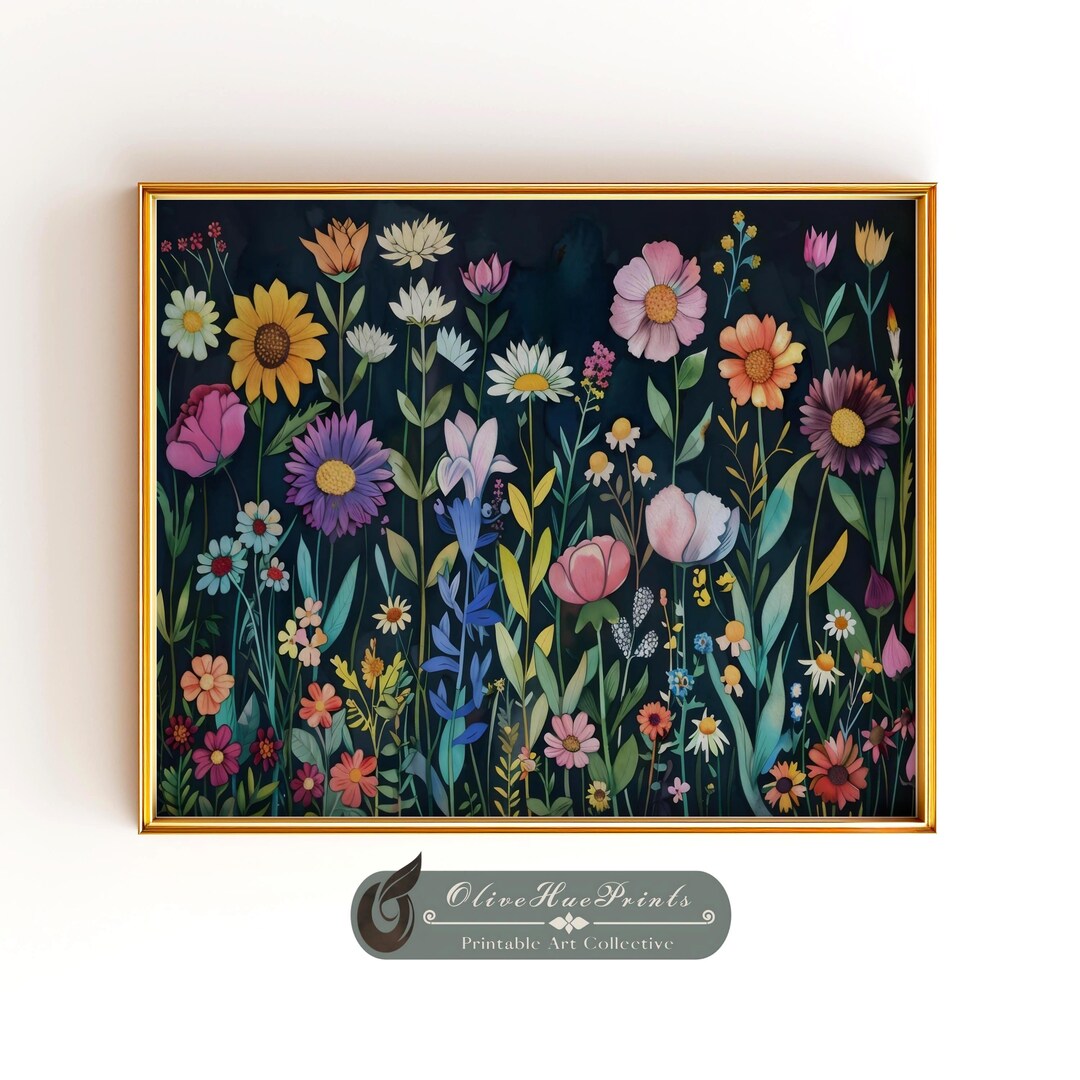 Colorful Wildflowers on Dark Background Printable Wall Art, Vibrant ...