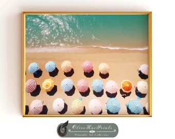 Aerial Beach Print: Colorful Umbrellas, Summer Shore Wall Art (Digital Download)