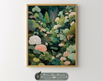 Yayoi Kusama Style Japanese Forest Art Print: Green & Pink Floral Blossoms (DIGITAL DOWNLOAD)