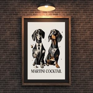 Dachshund Dogs Drinking a Martini Wall Art, Black and White Bar Art Print, Martini Alcohol Print, Funny Dog Poster, Bar Cart Decor