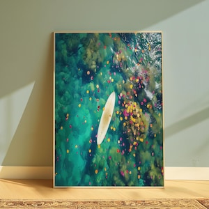 Aerial Surfboard & Flowers Print: Ocean Photography Wall Art (Digital Download)